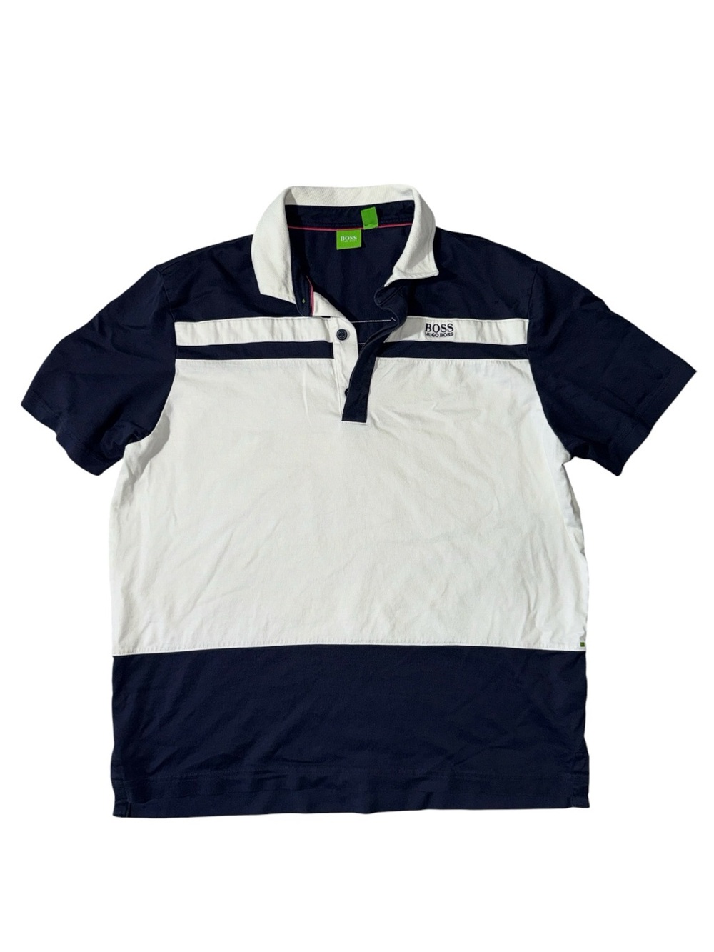 Hugo Boss mens L Large blue white color block cotton polo shirt EUC